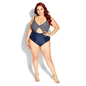 City Chic Plus Size L/20 Lani Navy Striped 1 Piece Swimsuit